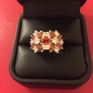 Sterling Silver Ruby Red and Clear Crystals Ring
